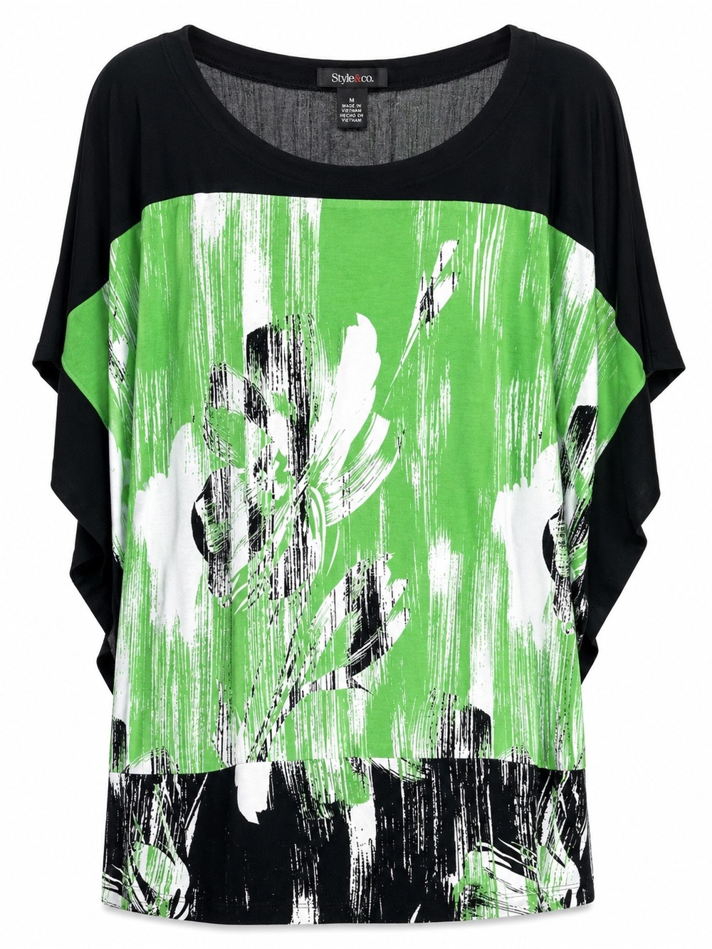 Style & Co XL Shirt Top Green Floral Flower Short Sleeve Scoop Neck Stretch‎